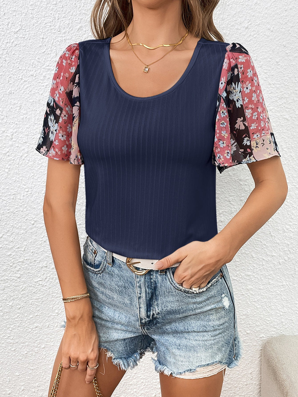 Ivy Lane Printed Puff Sleeve Round Neck Tee