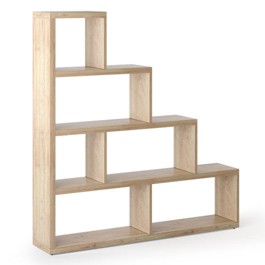 4-Tier Bookshelf Stair Bookcase with 6 Cubes Display Rack-Natural