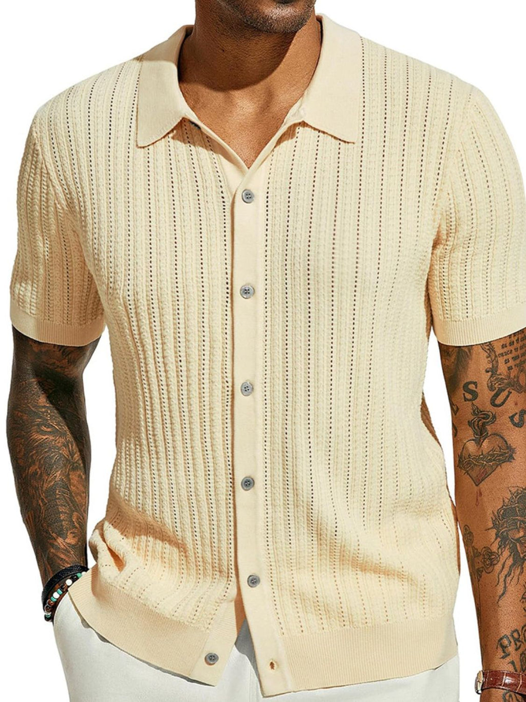 Men's Full Size Openwork Button Down Collared Neck Shirt Plus Size