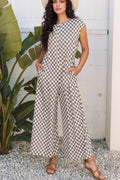 Checkered Print Crew Neck Wide Leg Jumpsuit