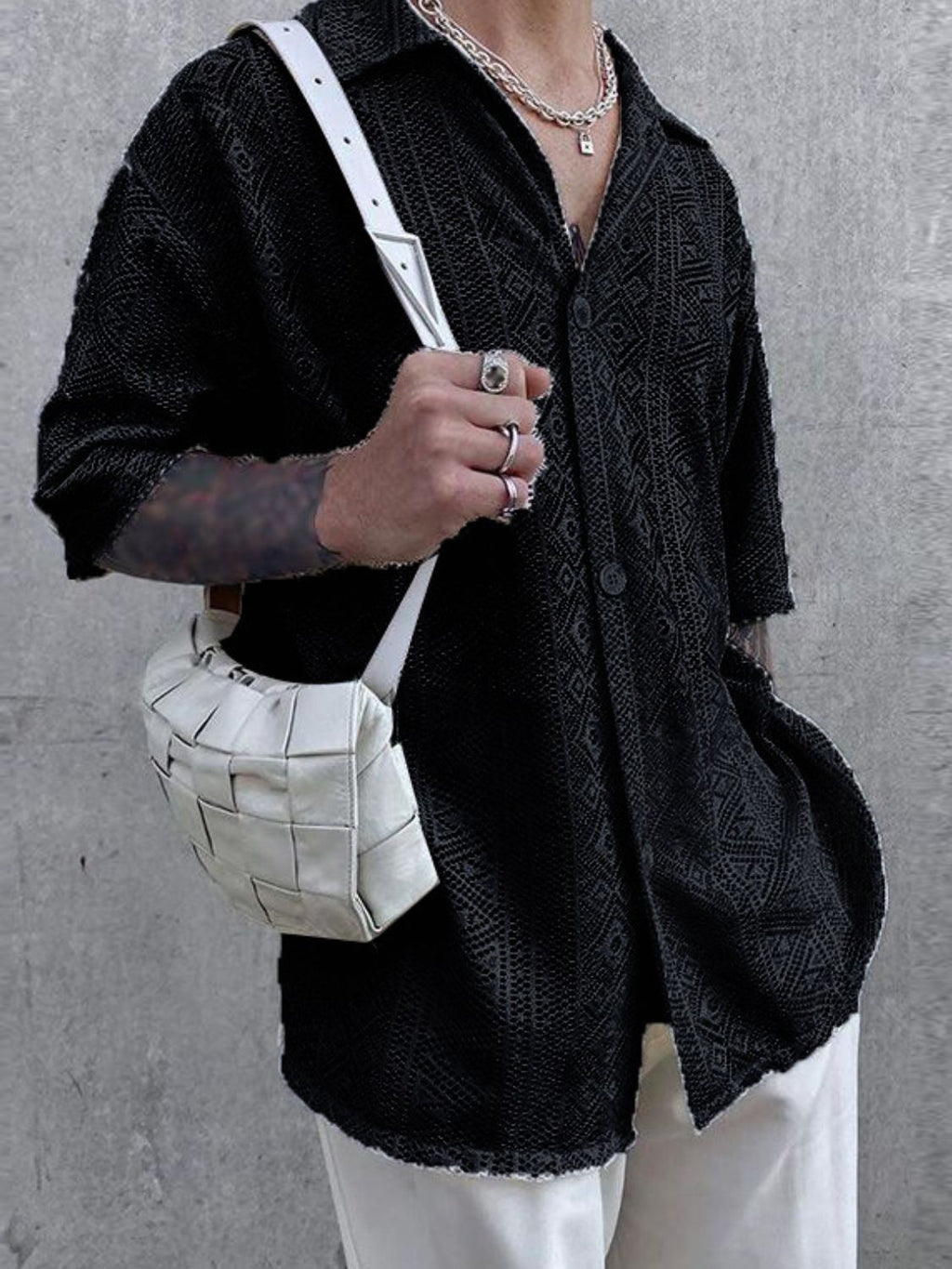 Men's Full Size Lace Half Sleeve Button Down Shirt Plus Size