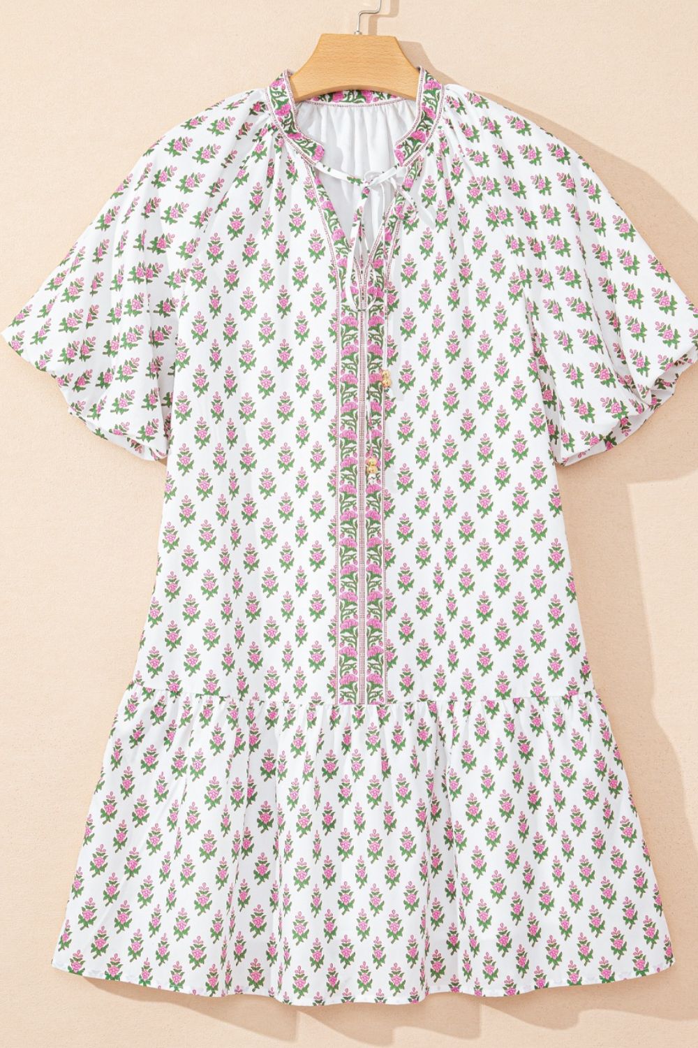 Floral Print Puff Sleeve Tie Neck Ruffled Hem Dress