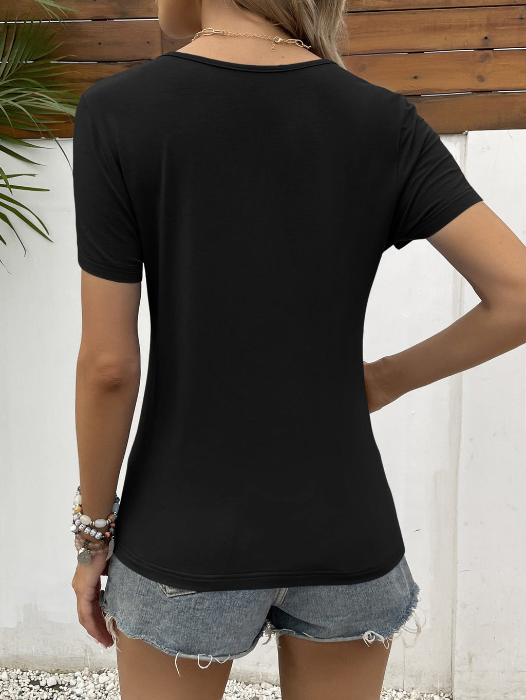 Ivy Lane Lace Trim V-Neck Short Sleeve Blouse