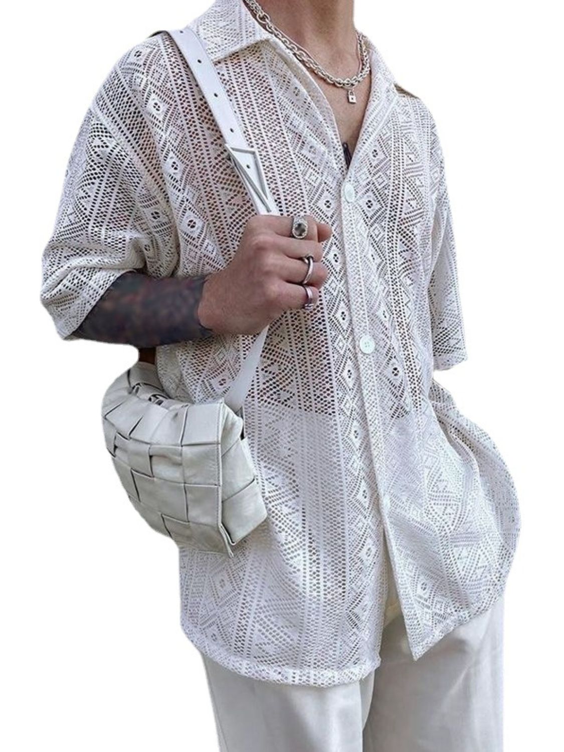 Men's Full Size Lace Half Sleeve Button Down Shirt Plus Size
