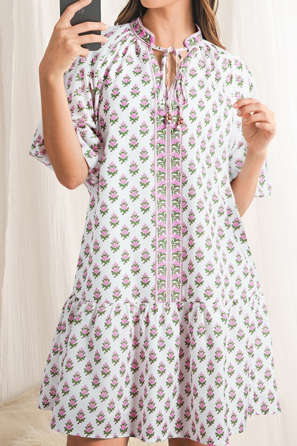 Floral Print Puff Sleeve Tie Neck Ruffled Hem Dress