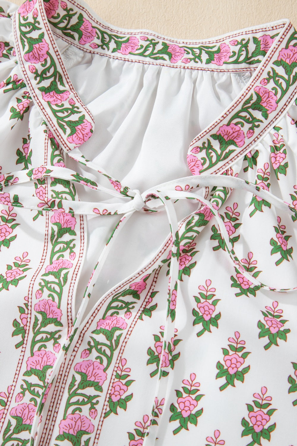 Floral Print Puff Sleeve Tie Neck Ruffled Hem Dress