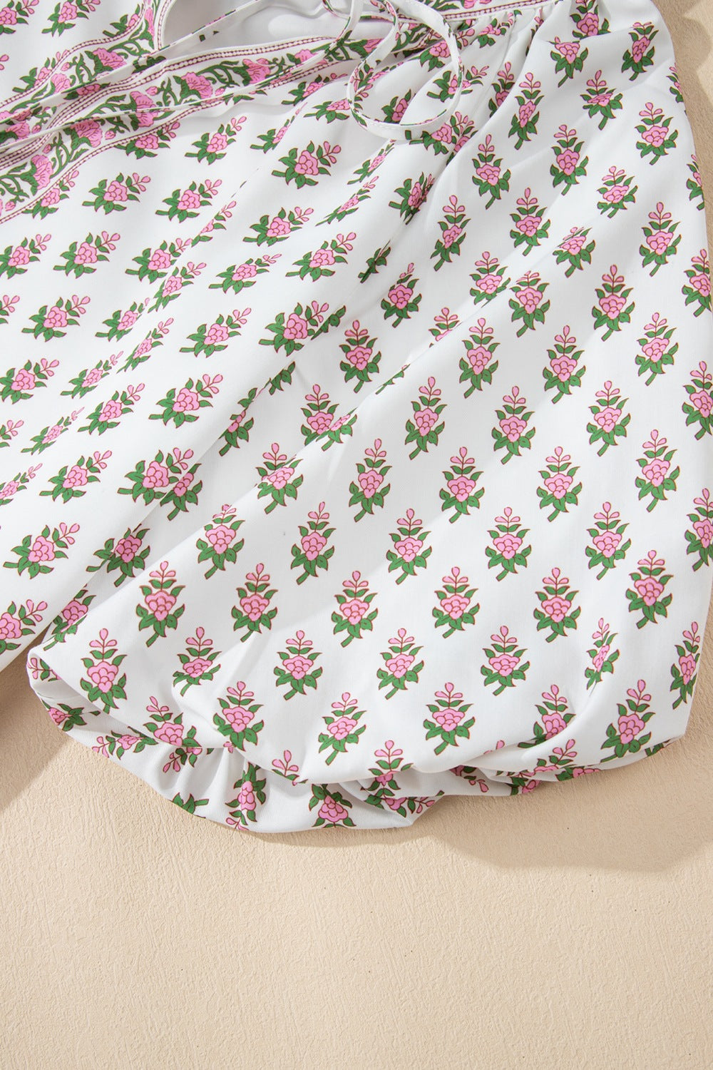 Floral Print Puff Sleeve Tie Neck Ruffled Hem Dress