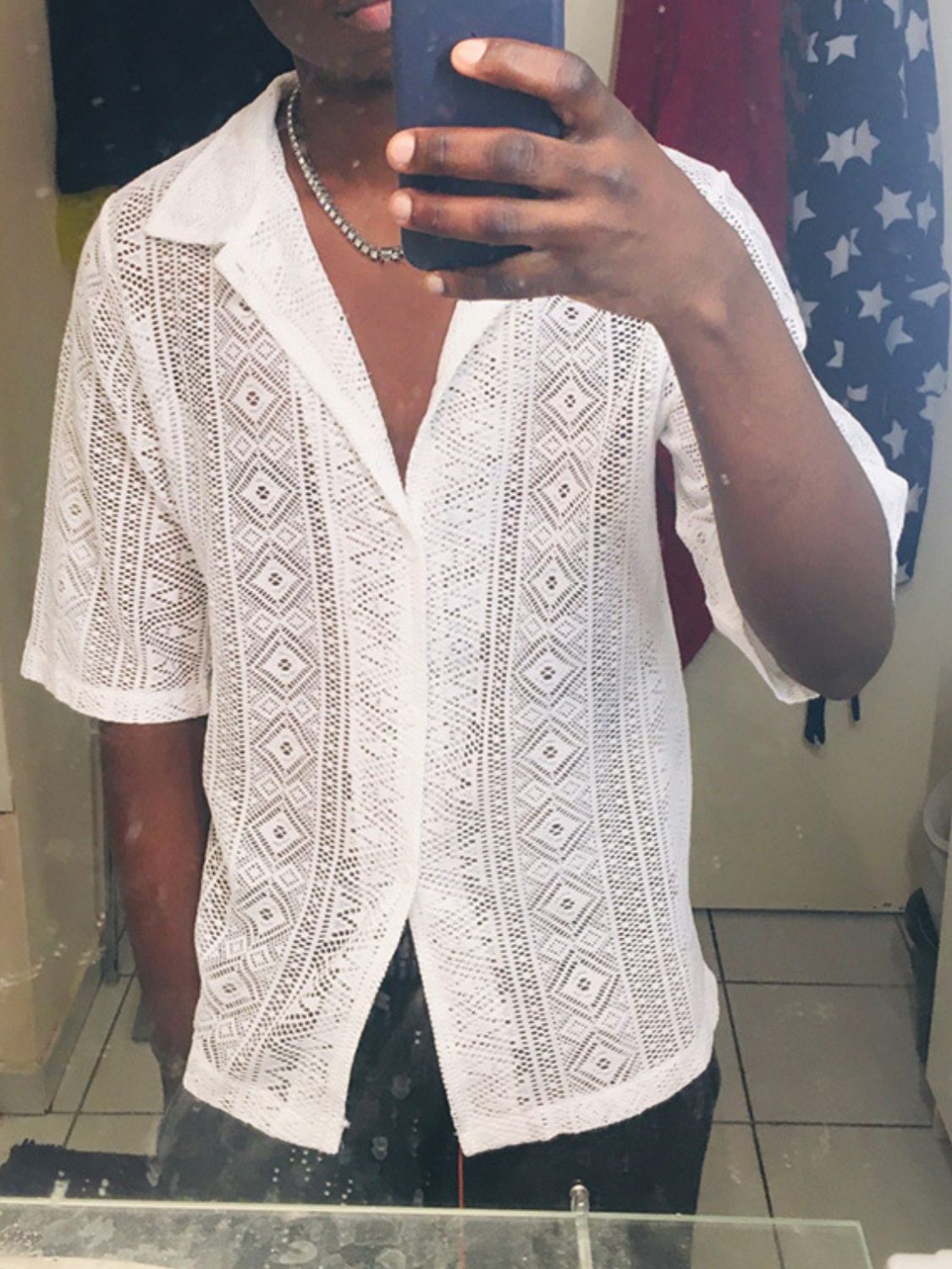 Men's Full Size Lace Half Sleeve Button Down Shirt Plus Size