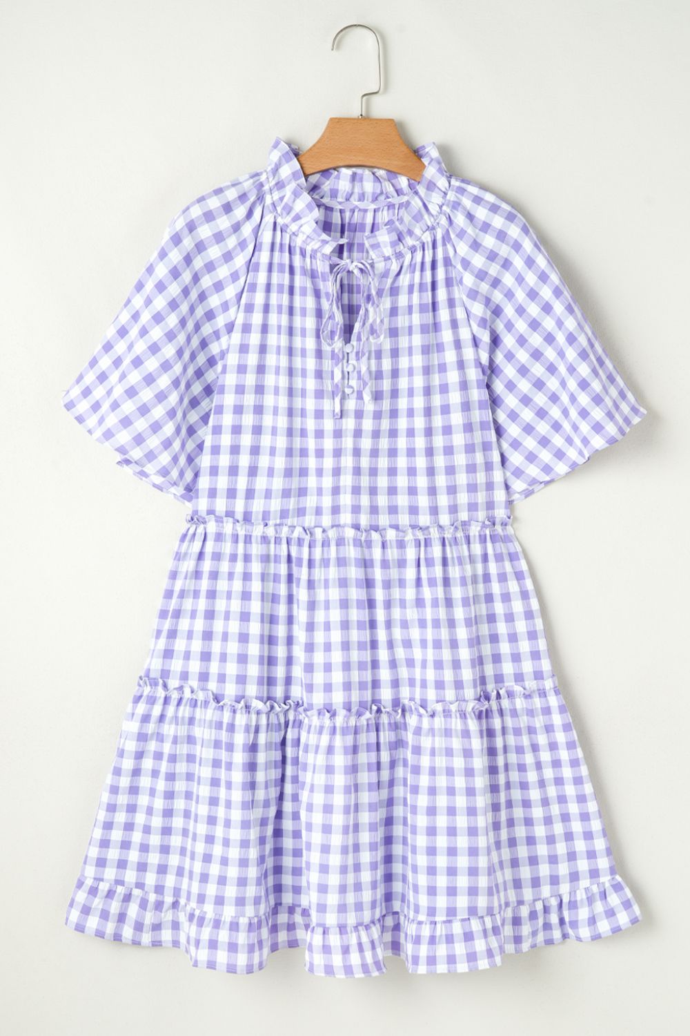 Plaid Tie Neck Short Sleeve Babydoll Mini Dress
