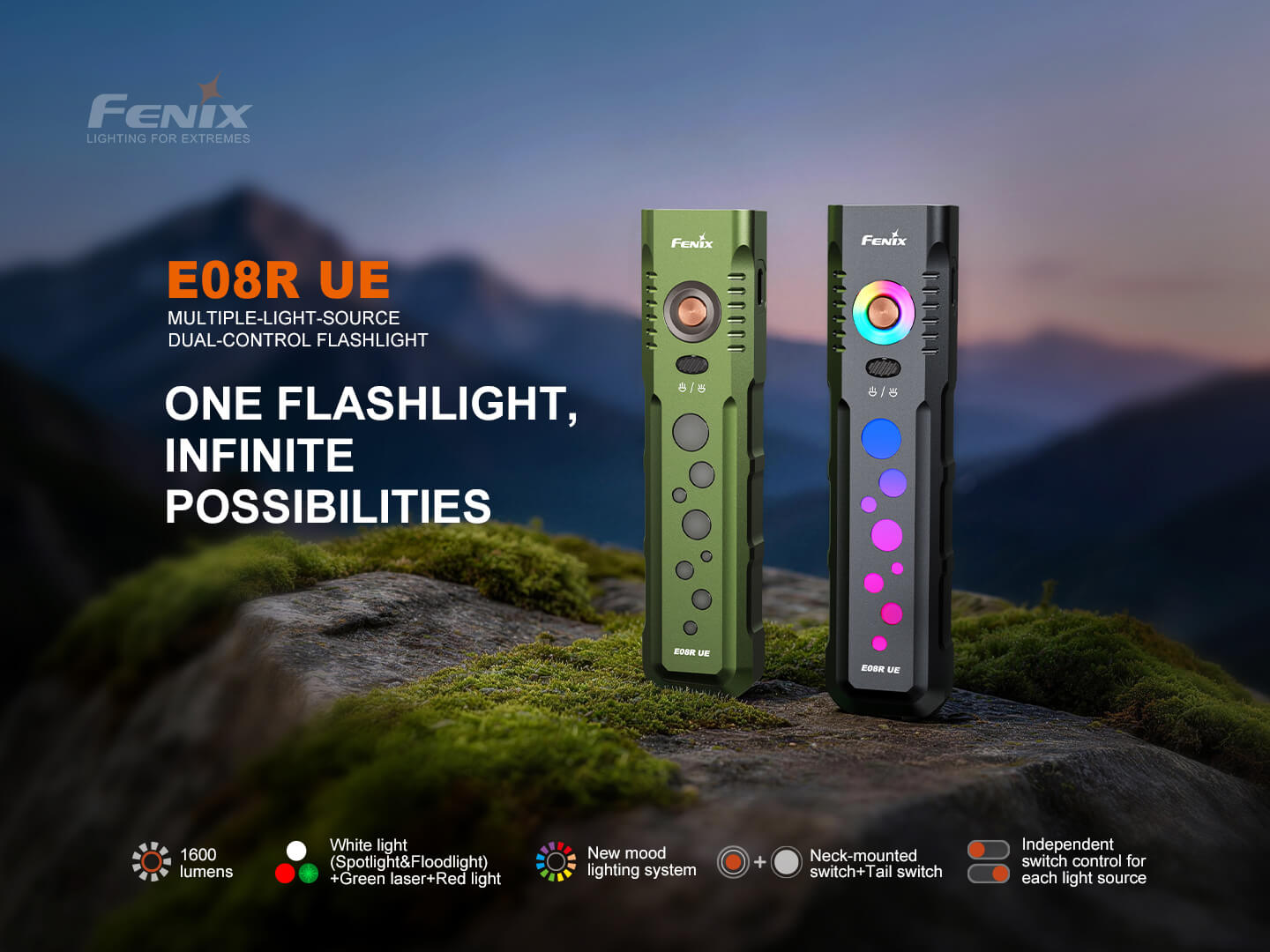 Fenix E08R UE Multi-Light EDC Flashlight With Red Light & Green Laser