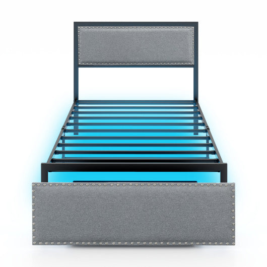 Full/Queen/Twin Size Bed Frame with LED Lights Drawer and Metal Slats-Twin Size