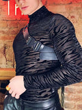 Men's Zebra Print Mock Neck Long Sleeve Mesh Top