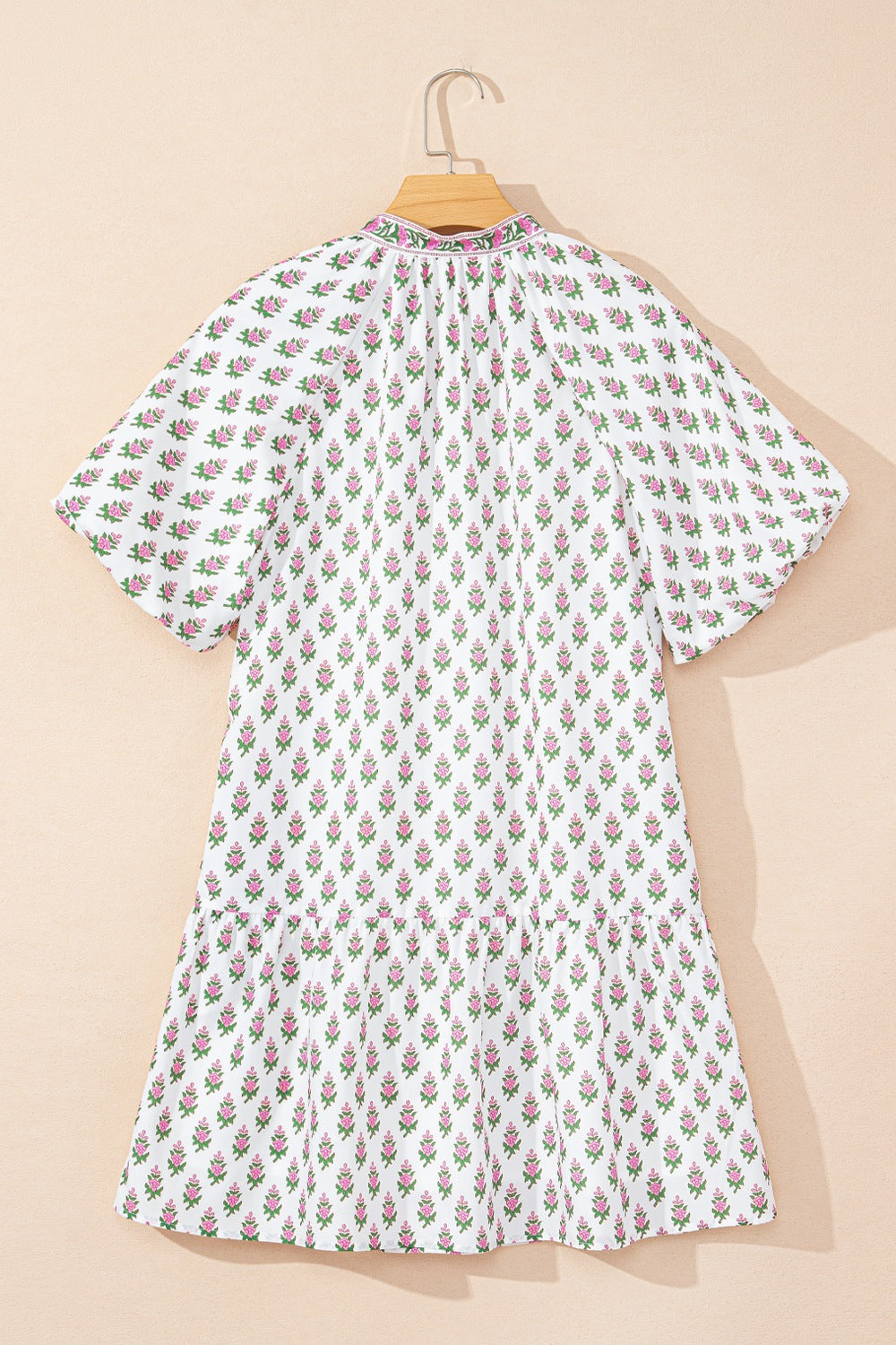 Floral Print Puff Sleeve Tie Neck Ruffled Hem Dress