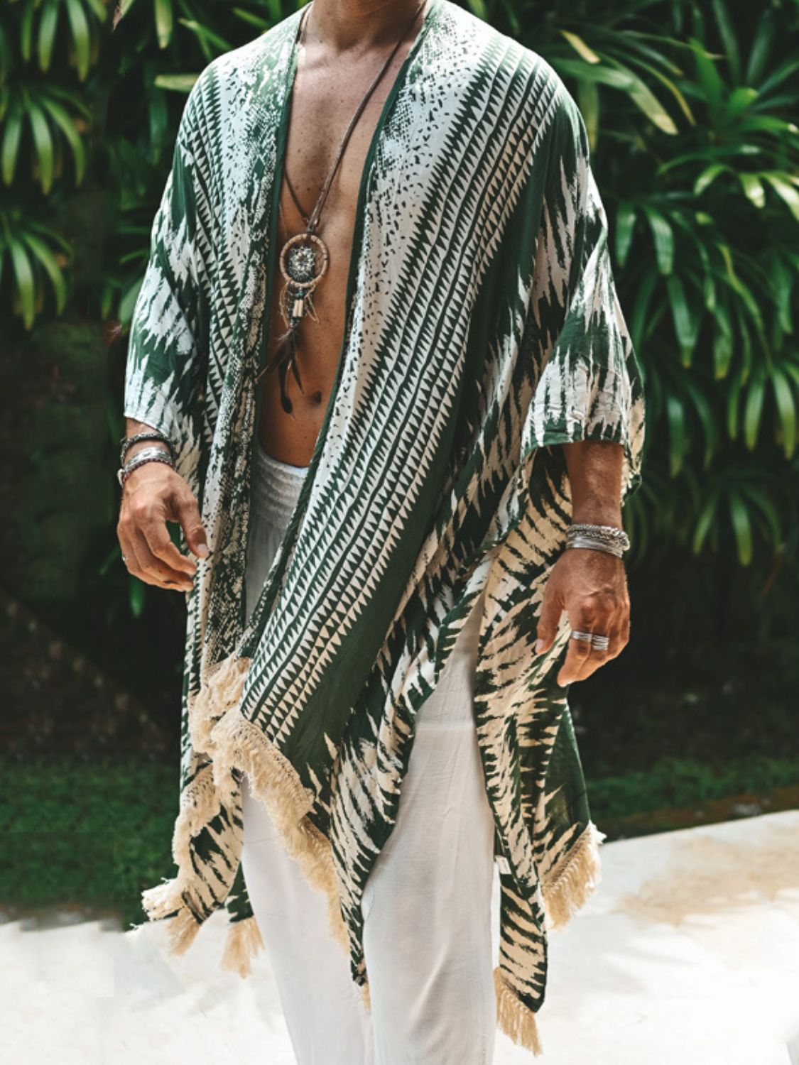 Men's Full Size Fringe Open Front Cover-Up Plus Size