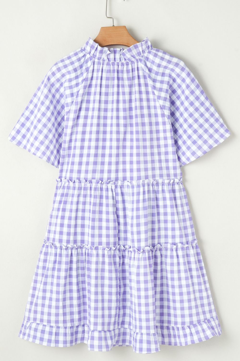 Plaid Tie Neck Short Sleeve Babydoll Mini Dress