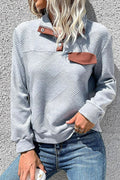 Perfee Contrast Ribbed Quarter-Snap Sweatshirt