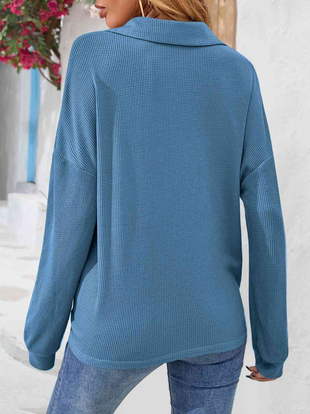 Half Button Collared Neck Long Sleeve Top