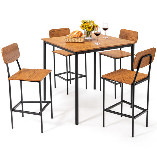 5-Piece Industrial Dining Table Set with Counter Height Table and 4 Bar Stools-Teak