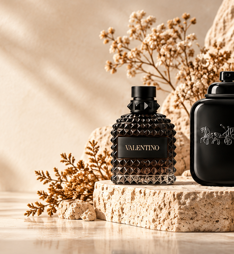 Designer fragrance bottles arranged on travertine stone in warm daylight
