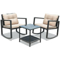 3 Pcs Wicker Rocking Bistro Set with Glass Coffee Table and Storage Shelf-Beige